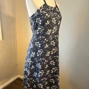 NEW Bauer Navy and White Leaf-Print Halter Midi Dress